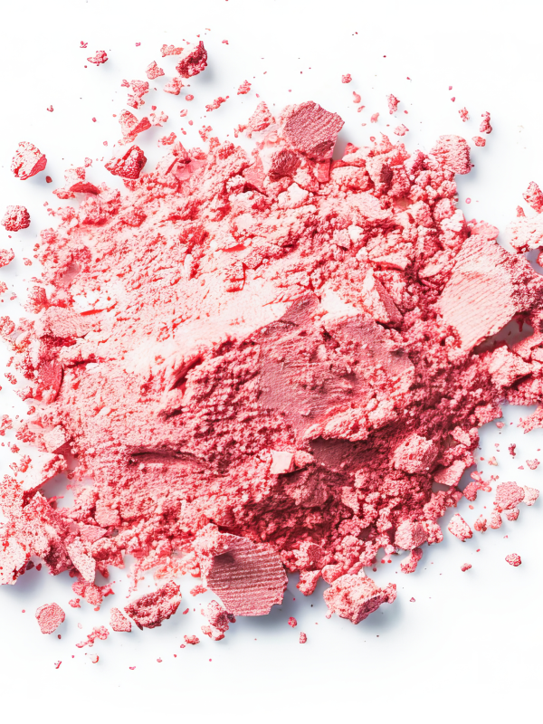 Crushed pink blush makeup powder scattered on a white background, showcasing vibrant color options for cosmetic applications with PerMix technology